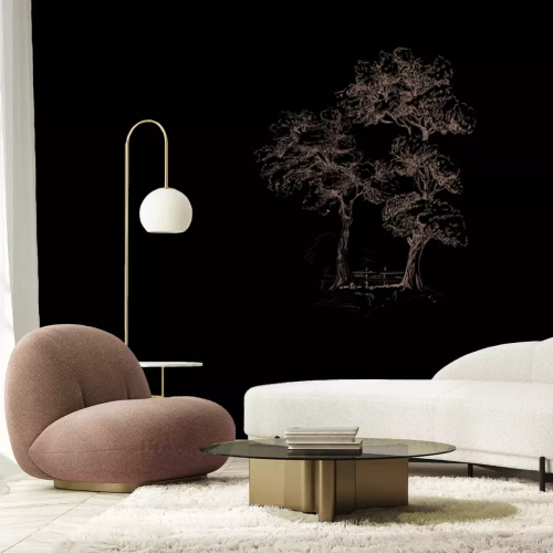 Papier peint  Dessin d'un village avec des arbres et des chiens