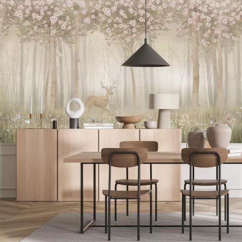 Papier peint  Paysage forestier avec des fleurs et un cerf