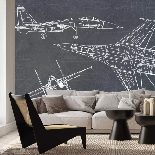Papier peint  Dessin technique avion de chasse sur fond gris