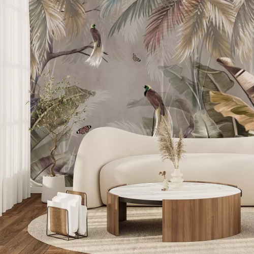 Papier peint  Papillons et oiseaux parmi des feuilles colorées