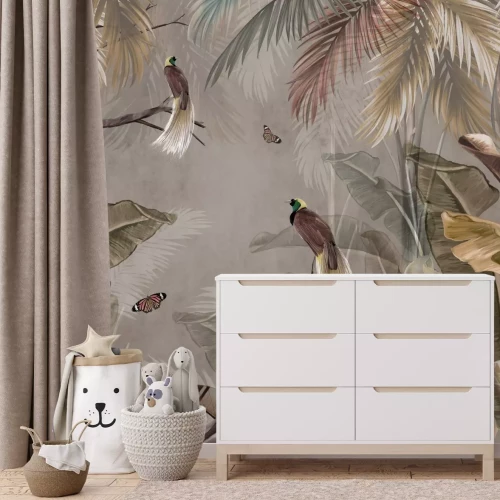 Papier peint  Papillons et oiseaux parmi des feuilles colorées