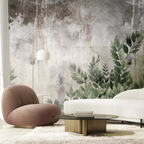 Papier peint  Feuilles vertes sur béton gris