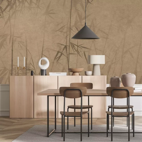 Papier peint  Pousses de bambou sur un mur brun