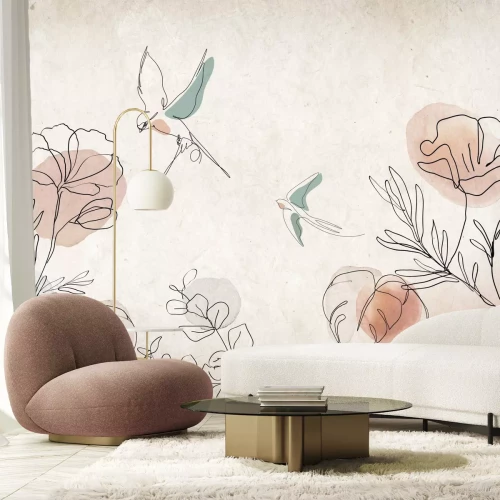 Papier peint  Aquarelle abstraite de fleurs et d’oiseaux