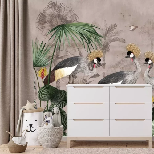 Papier peint  Grues exotiques parmi les feuilles