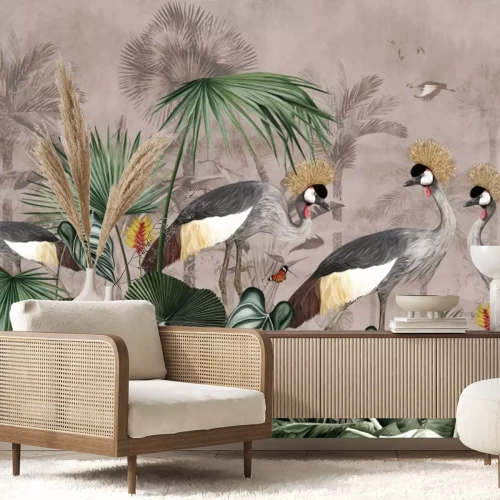 Papier peint  Grues exotiques parmi les feuilles
