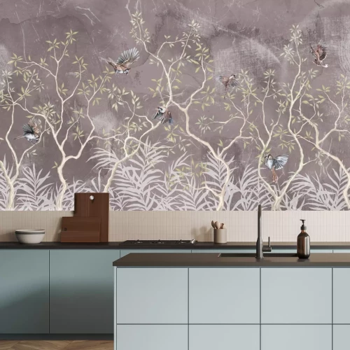 Papier peint  Motif botanique avec arbustes et oiseaux