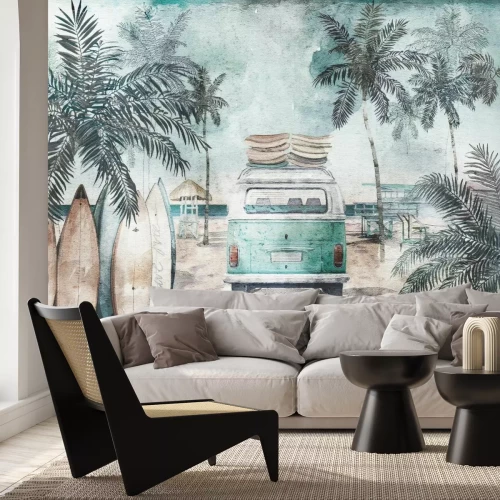 Papier peint  Van et planches de surf sur la plage illustration aquarelle