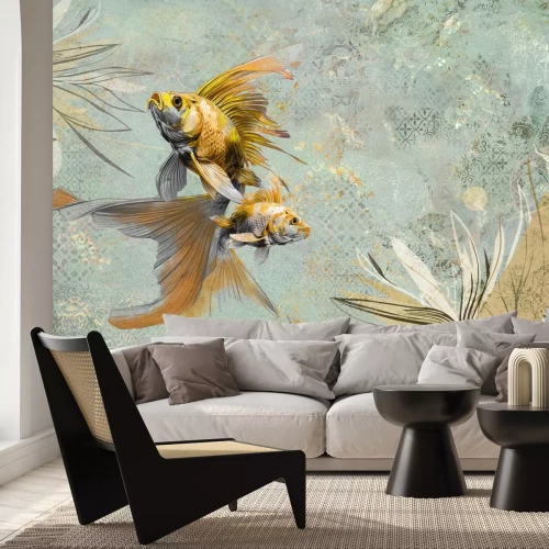 Papier peint  Poissons rouges avec des plantes sur un fond vintage