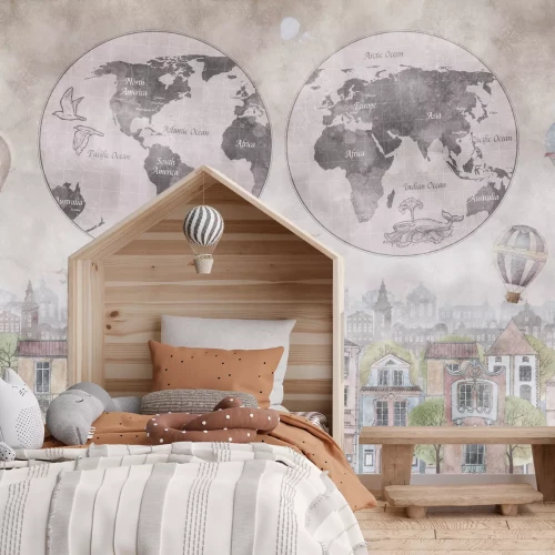 Papier peint  Carte du monde sur fond de ville colorée