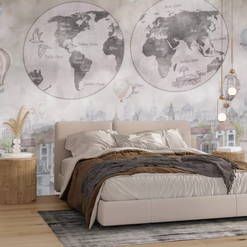 Papier peint  Carte du monde sur fond de ville colorée