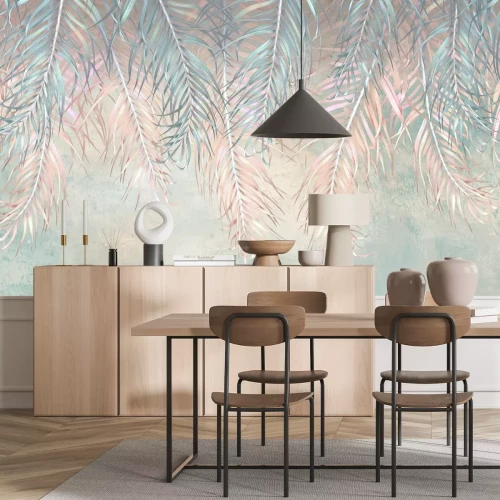 Papier peint  Feuilles de palmier bleues et roses