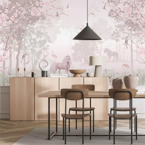 Papier peint  Licorne dans une forêt rose magique