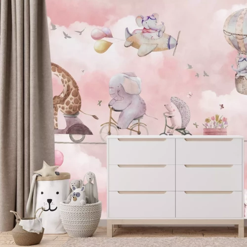 Papier peint  Girafe et éléphant dans les nuages parmi les fleurs