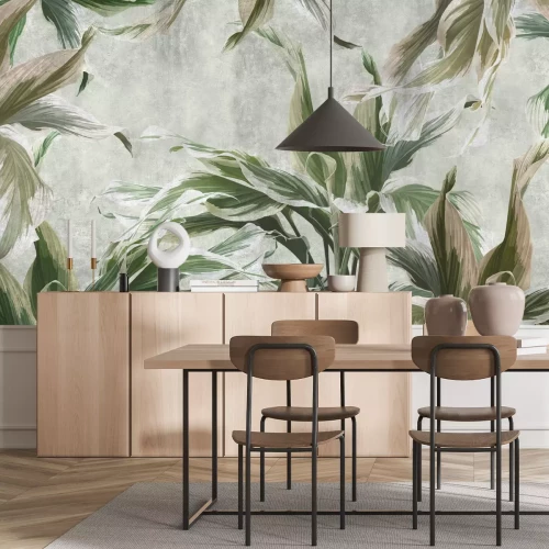 Papier peint  Feuilles de fleurs sur un mur en béton