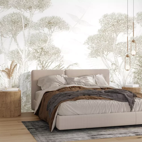 Papier peint  Croquis d'une forêt sauvage en tons sépia