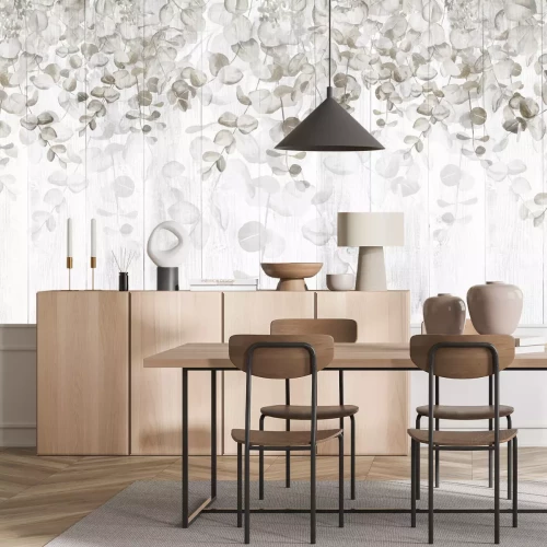 Papier peint  Feuilles suspendues sur des planches en bois