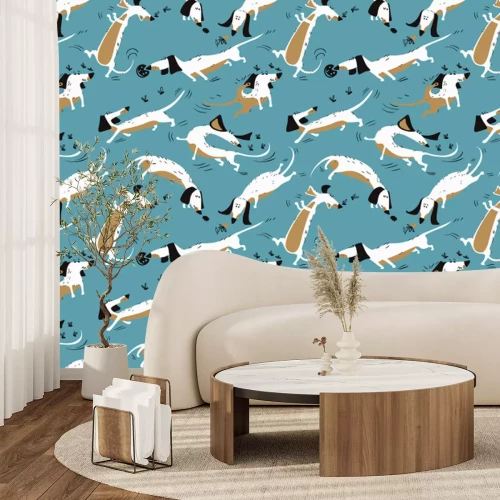 Papier peint  Motif de bande dessinée chiens sur fond bleu illustration