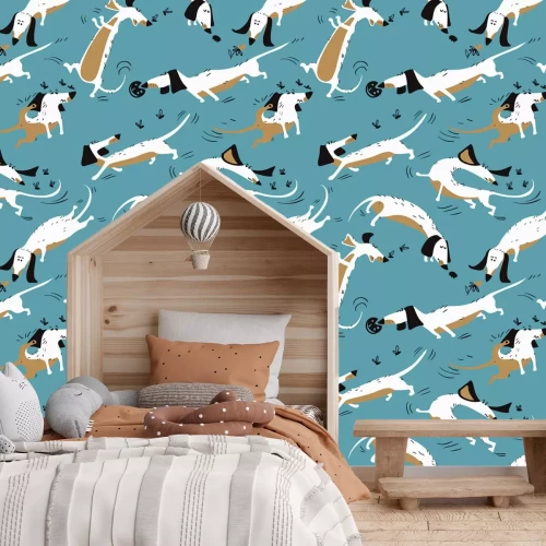 Papier peint  Motif de bande dessinée chiens sur fond bleu illustration