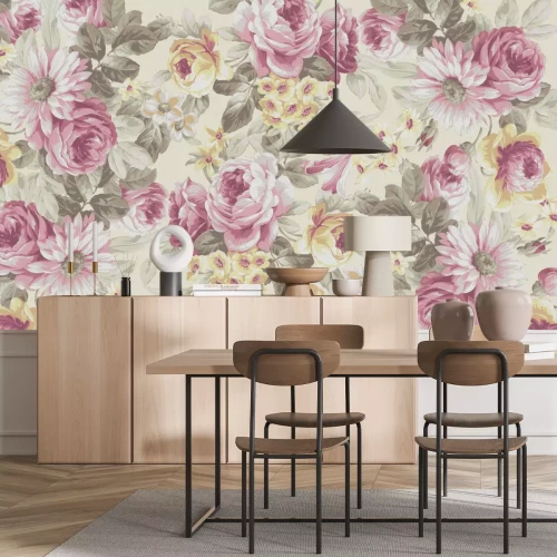 Papier peint  Fleurs de pivoines roses et jaunes en fleurs