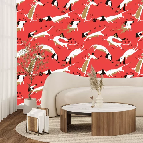 Papier peint  Motif de bande dessinée chiens sur fond rouge