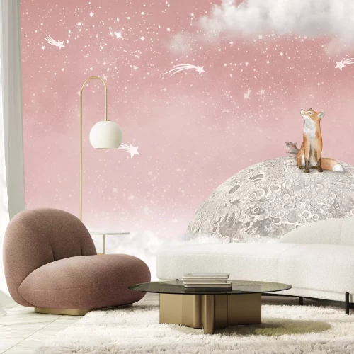 Papier peint  Renard et souris sur la lune ciel rose avec étoiles thème féerique