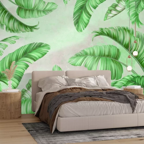 Papier peint  Feuilles de palmier vertes sur béton