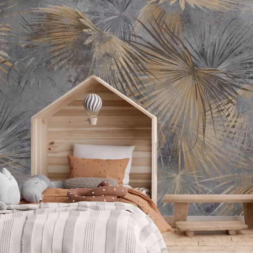 Papier peint  Feuilles de palmier brunes sur béton gris