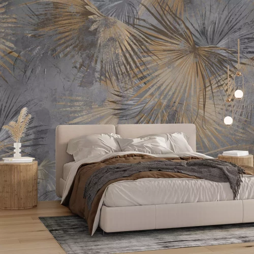 Papier peint  Feuilles de palmier brunes sur béton gris