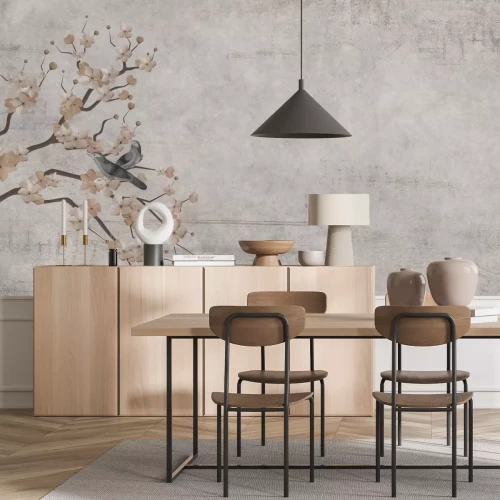 Papier peint  Arbre de cerisier avec des oiseaux sur un mur en béton