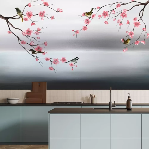 Papier peint  Fleurs de cerisier roses avec des oiseaux en aquarelle
