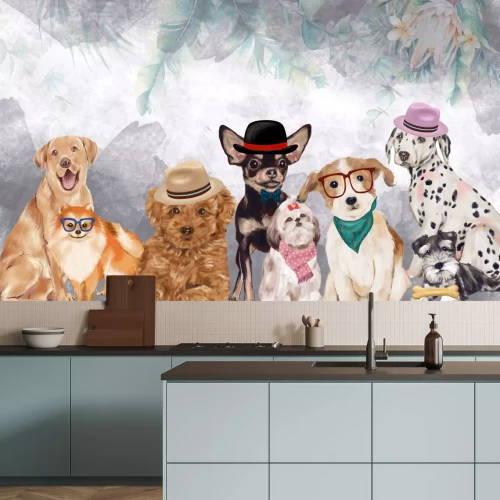 Papier peint  Chiens amusants sur fond aquarelle avec fleurs et feuilles