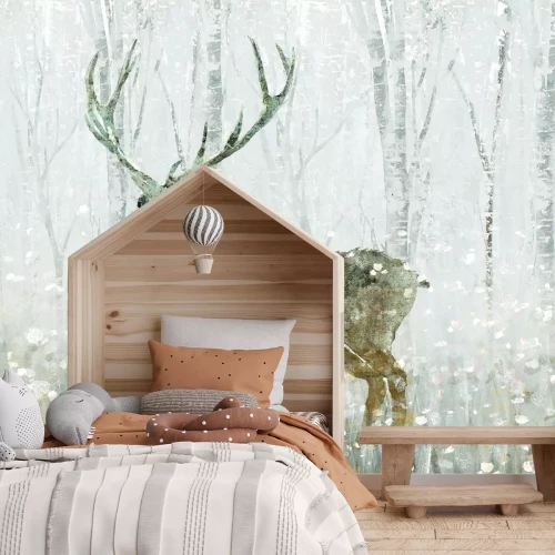 Papier peint  Paysage de forêt d’hiver avec un cerf