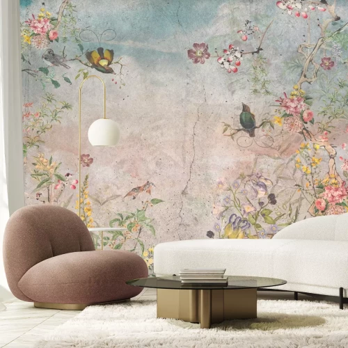 Papier peint  Motif botanique avec des fleurs et des oiseaux