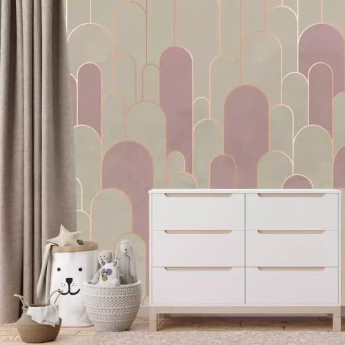 Papier peint  Arches beige-rose avec décoration dorée