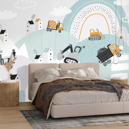 Papier peint  Engins de chantier sur les collines parmi les nuages