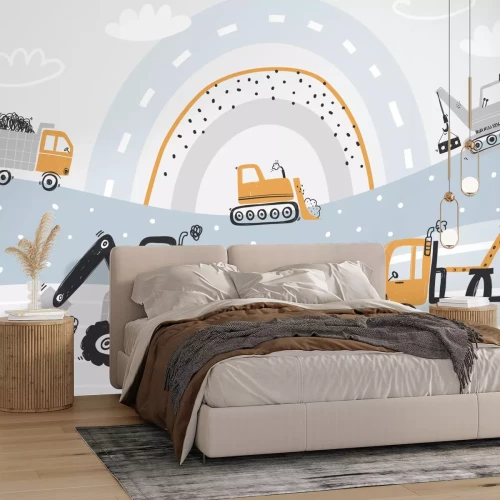 Papier peint  Véhicules de chantier sur fond arc-en-ciel abstrait