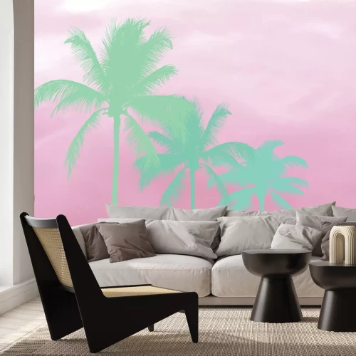 Papier peint  Palmiers bleus sur fond rose