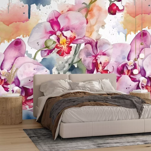 Papier peint  Feuilles et fleurs d'orchidée en aquarelle