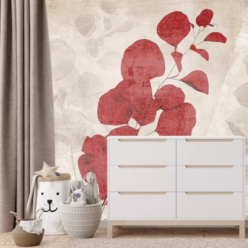 Papier peint  Feuilles rouges et beiges sur béton