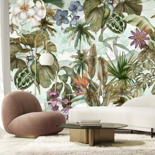 Papier peint  Perroquet coloré parmi les feuilles et les fleurs