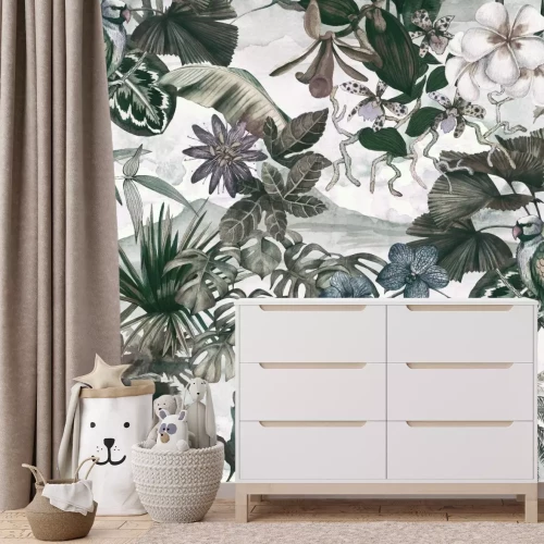 Papier peint  Feuilles et fleurs dans une jungle rétro