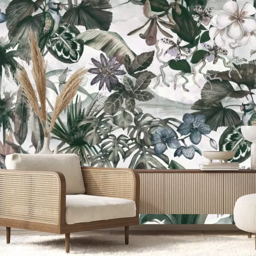 Papier peint  Feuilles et fleurs dans une jungle rétro