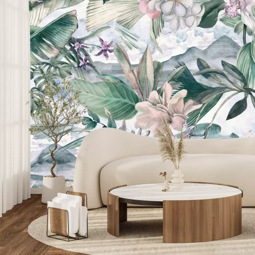 Papier peint  Fleurs colorées avec des feuilles tropicales