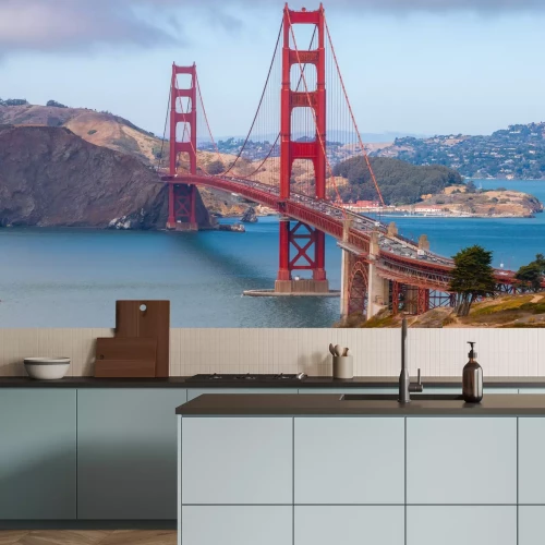 Papier peint  Paysage de montagne avec un pont rouge