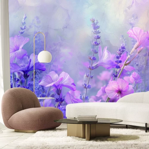 Papier peint  Fleurs roses parmi la lavande dans la prairie