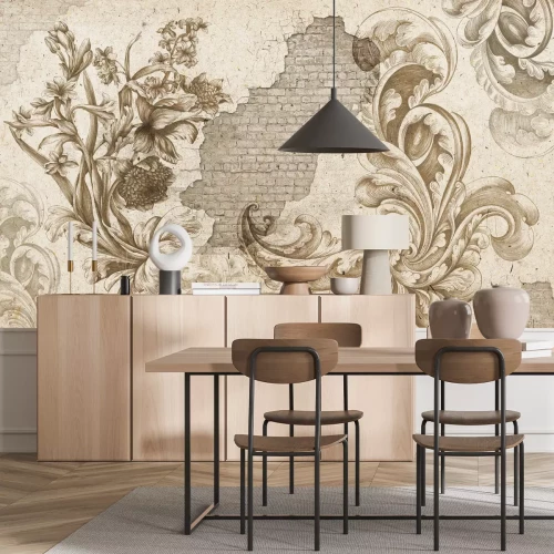 Papier peint  Motif végétal monochrome sur fond de mur en briques