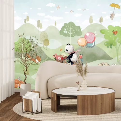 Papier peint  Panda à vélo dans une prairie avec des renards