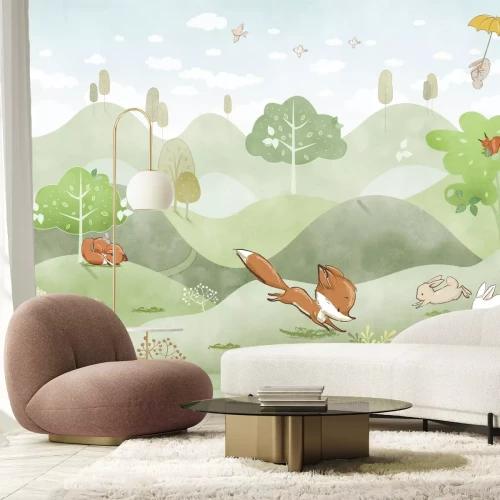 Papier peint  Renards de conte de fées courant sur les collines