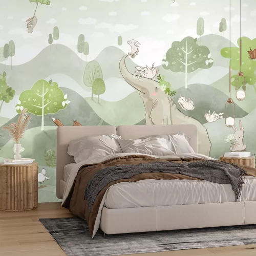 Papier peint  Éléphant et renard sur des collines vertes